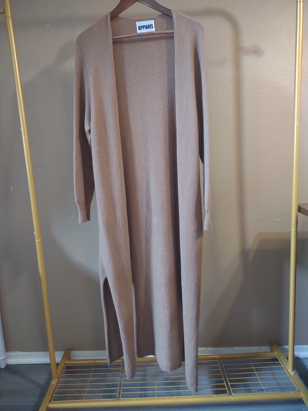 Apparis Long Camel Open Cardigan Vegan Cashmere Duster Slit Sides - Picture 7 of 11